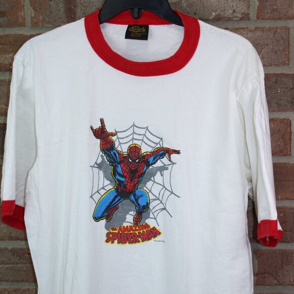 Amazing Spiderman T-Shirt Large Puff Print Marvel White Red Ringer Changes VTG - Picture 1 of 6
